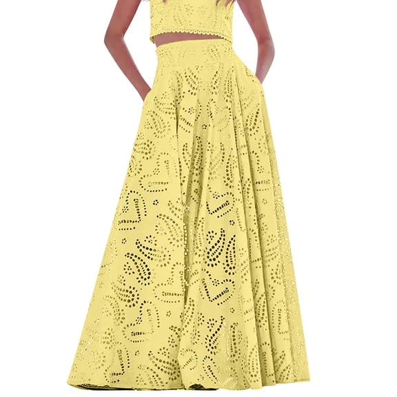 Perfectbot Women's Trendy Eyelet Maxi Skirt Embroidered Lace Hollow Out Flowy Swing Party Club Skirt