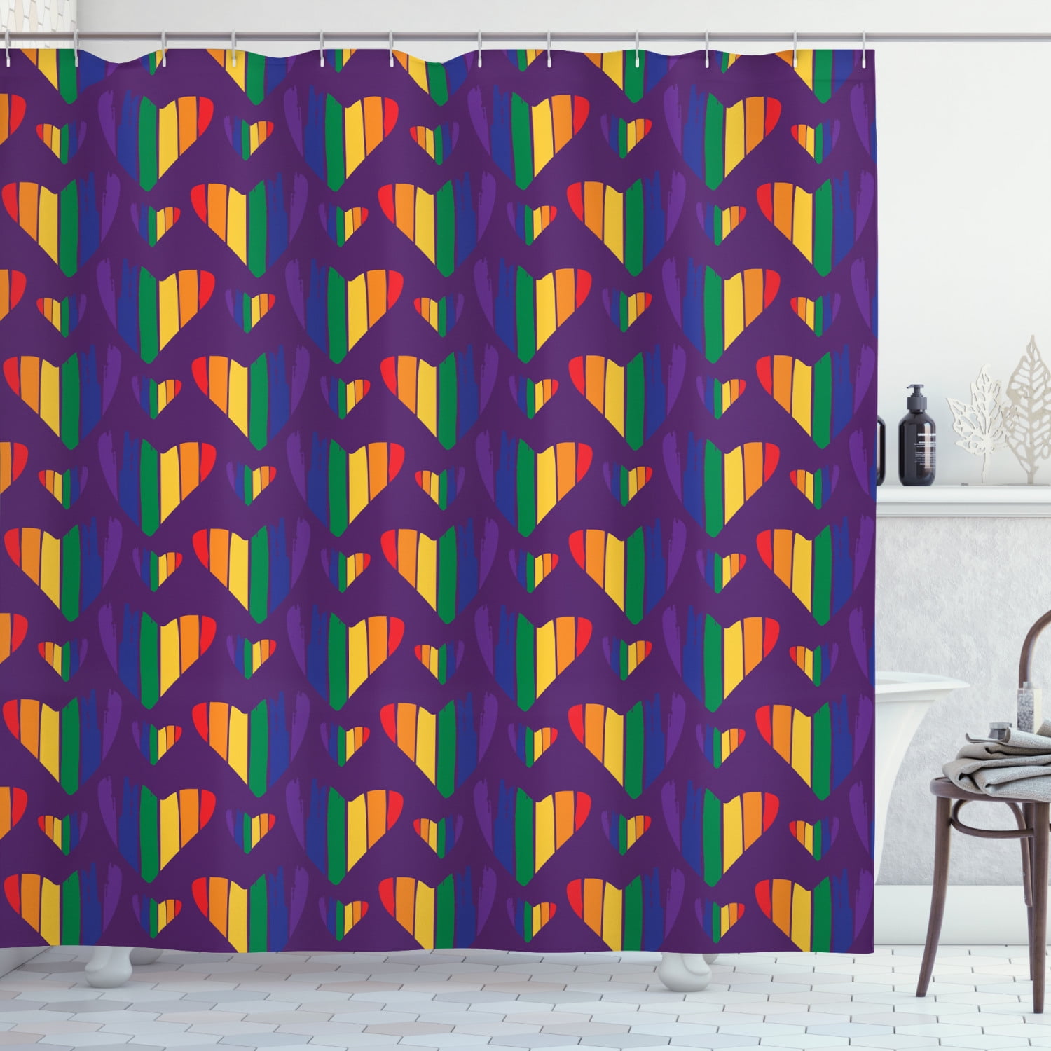 Valentines Day Gay Love Rainbow Heart Fabric Shower Curtain Set Bathroom Decor 
