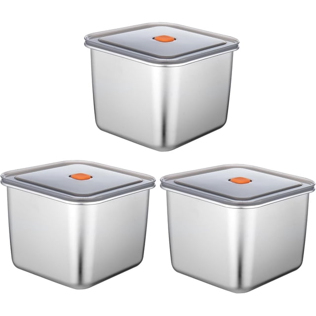 Paquete de 3 recipientes cuadrados grandes de acero inoxidable con tapas, caja de almacenamiento de alimentos con tapa de sellado (2500 ml)