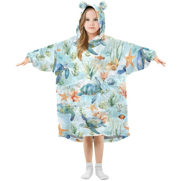 joogoo Wearable Blanket Hoodie for Watercolor Turtle Cartoon Oversized Sherpa Hooded 3-14 YR M