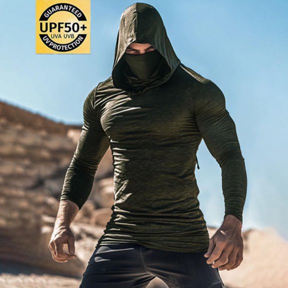 Ceisia Men Compression Hooded Long Sleeve Shirt With Face Cover Quick Dry Athletic Workout Running Top Army Green L Gift