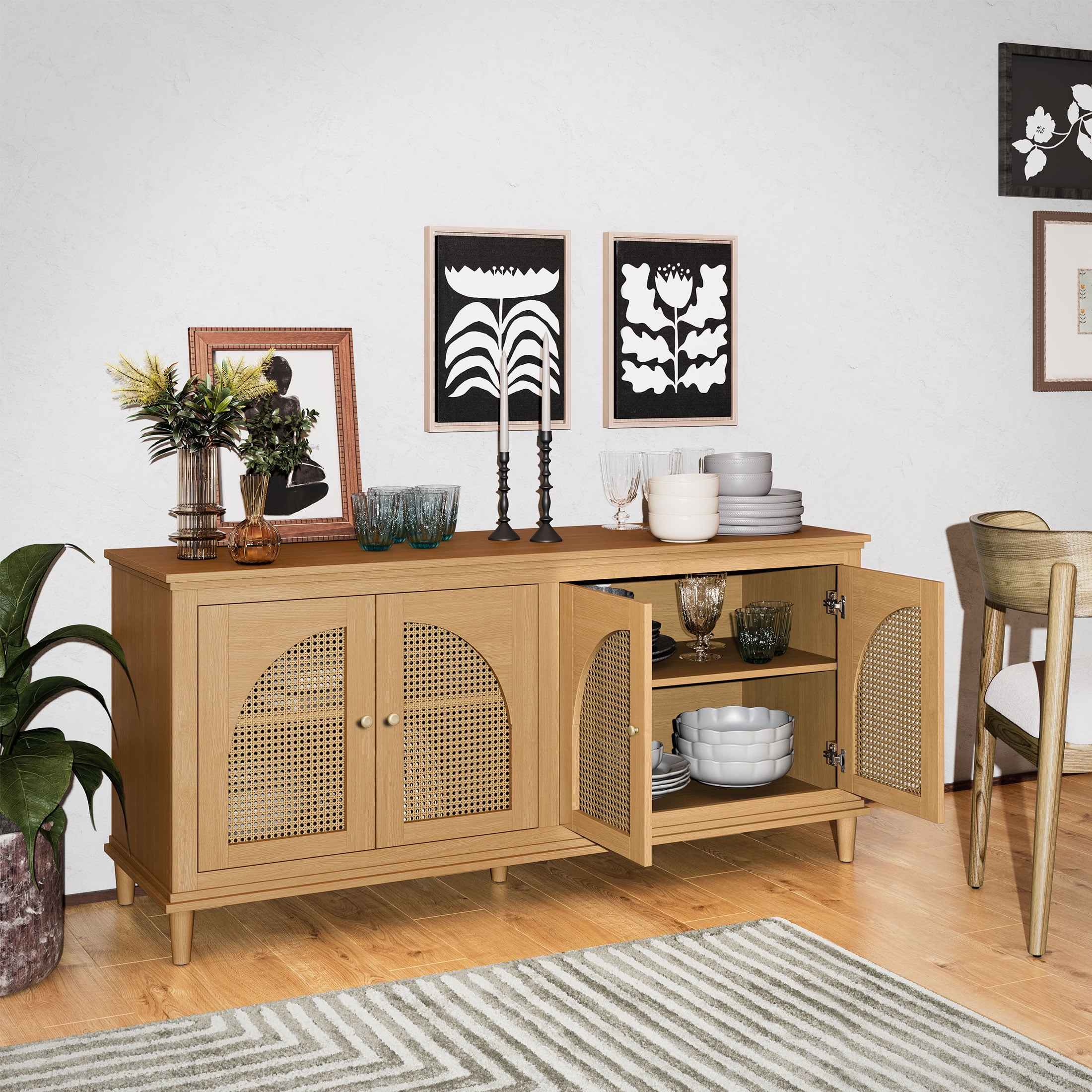 Drew Barrymore Rattan 4-Door Buffet Sideboard, Warm Honey