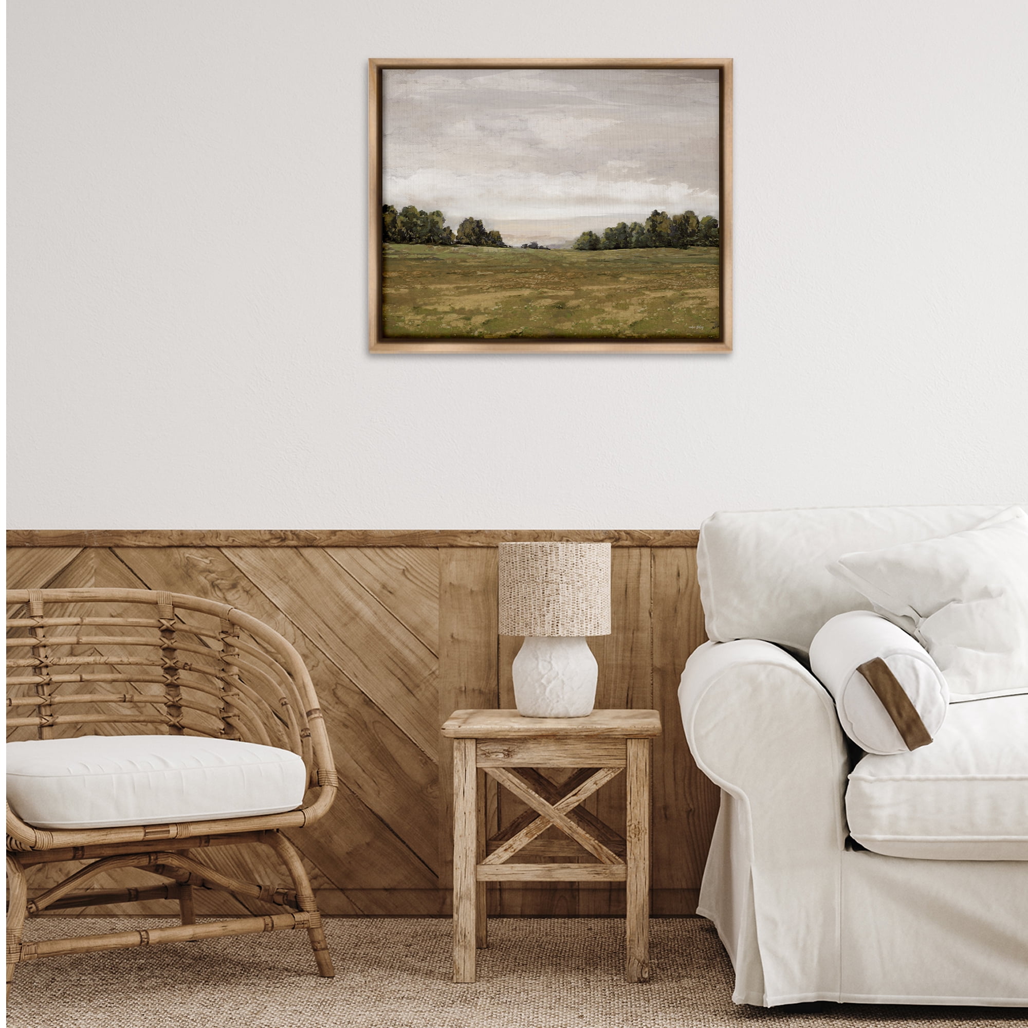 Stupell Industries Distant Trees Grassland Landscape Painting Brown Floater Framed Art Print Wall Art, 31 x 25
