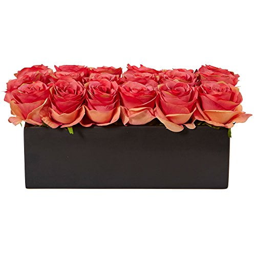 Nearly Natural 1487-DP N/A Dozen Silk Roses in Rectangular Planter, Dark Pink