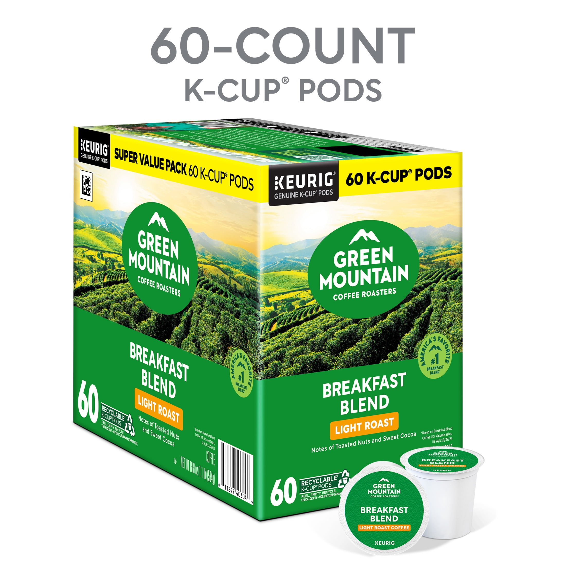 Green Mountain Coffee Roasters, Breakfast Blend Light Roast K-Cup Coffee Pods, 60 Count