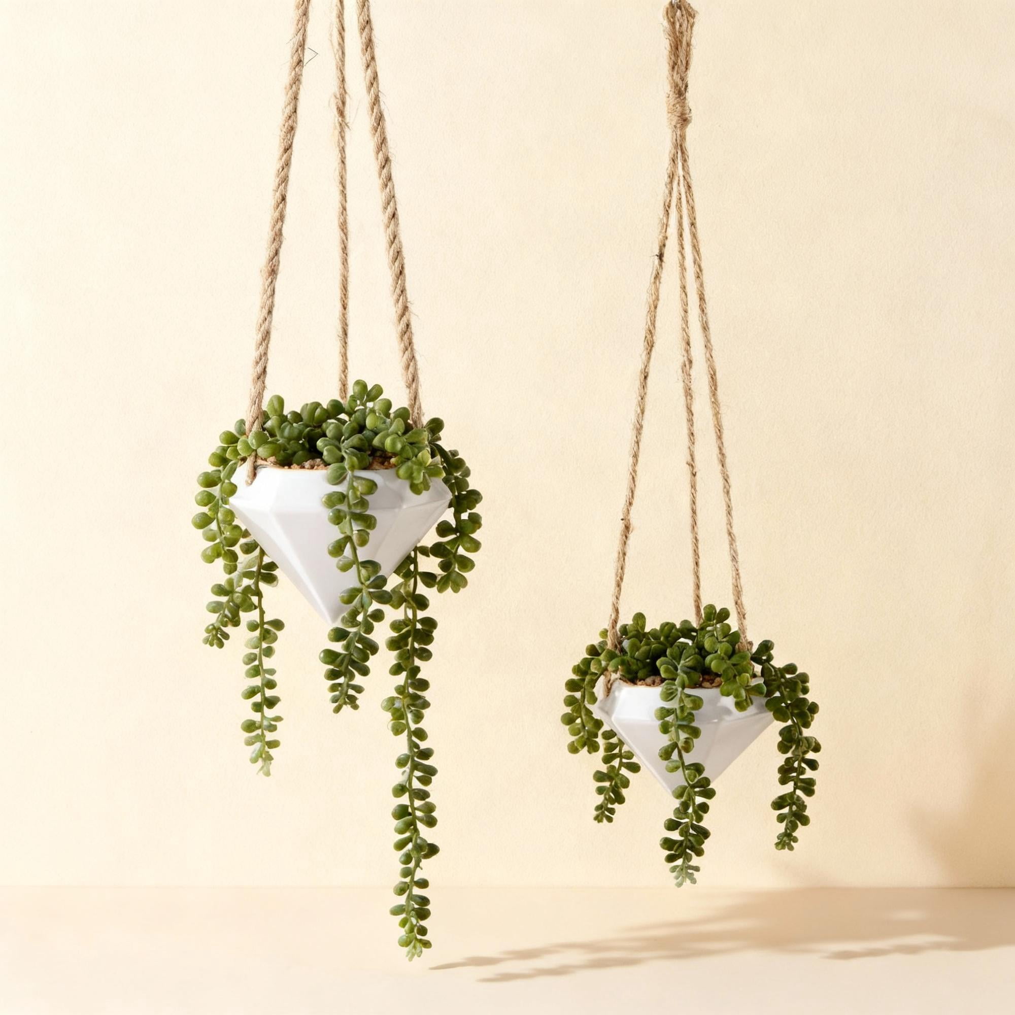 Flora Bunda CT1054E2-WH 6.75' & 4.5' Hanging Geo Planter  SET OF 2,White