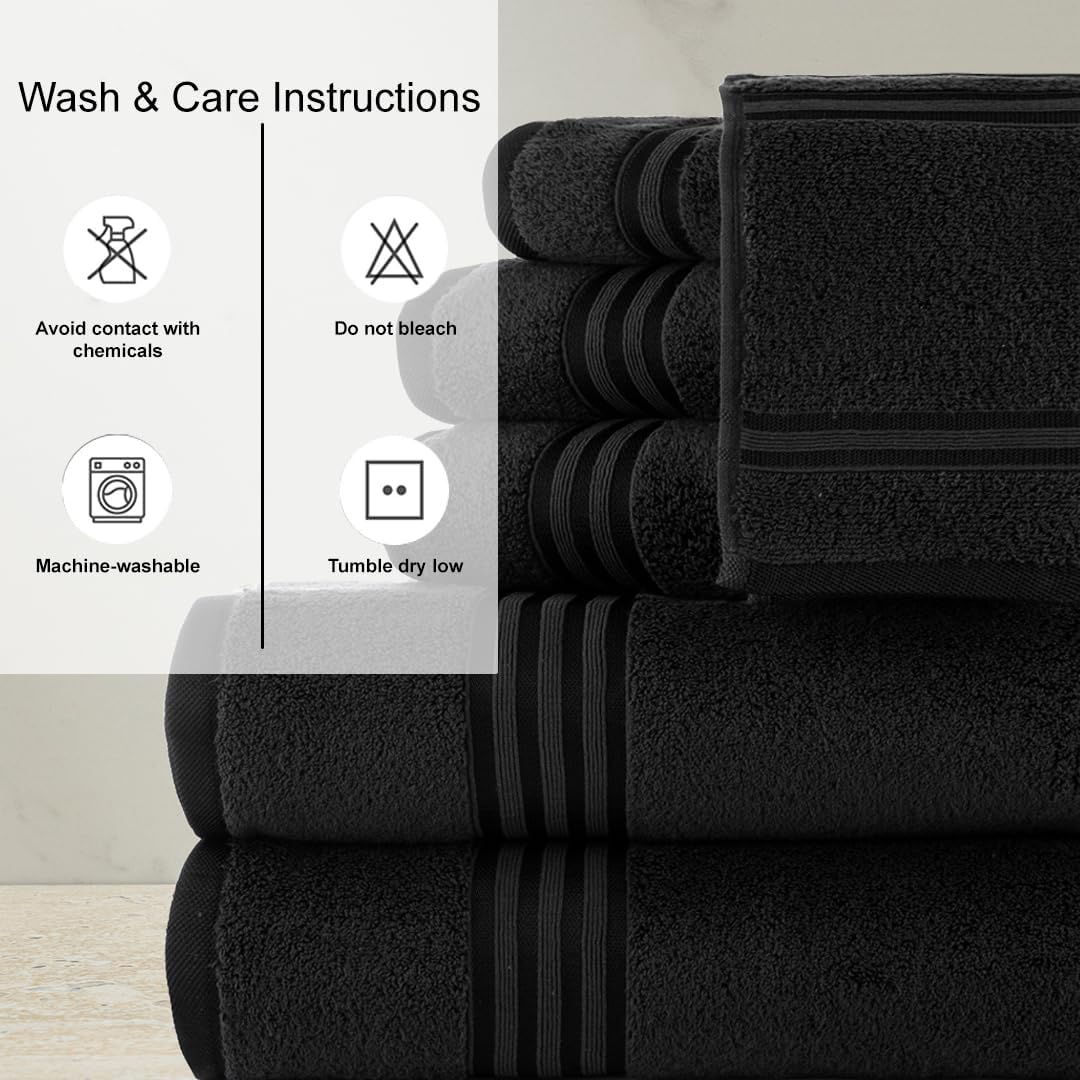 Casa Copenhagen Zero Twist, 6Pieces 100% Cotton Towel Set- Black, 600 GSM, 2Bath, 2Hand, 2Washcloths made from Egyptian Cotton, Ultra Soft Luxury Towels for Hotel Spa Kitchen Bathroom & Shower