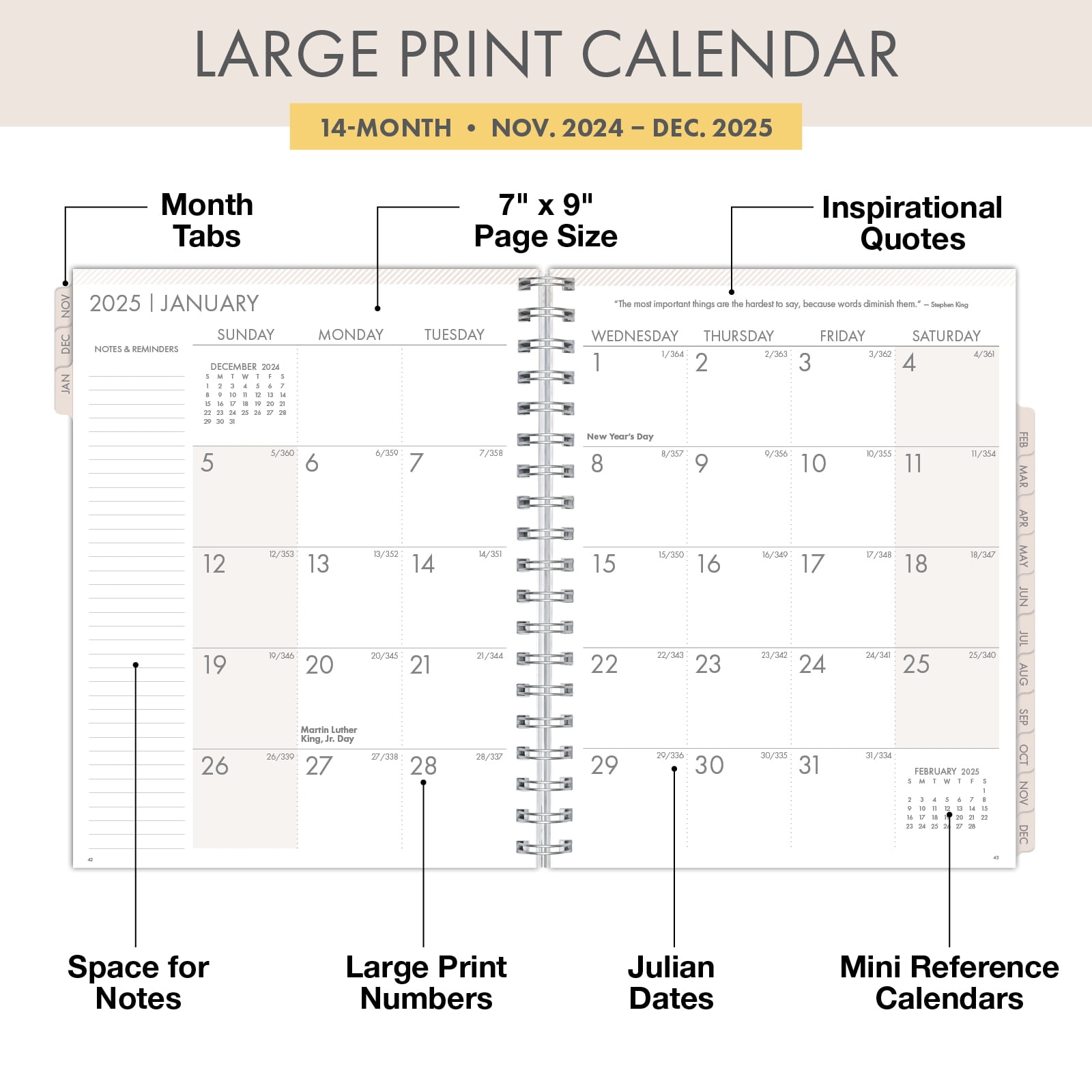 ESSENTIAL PRO 2025 Daily, Weekly & Monthly Planner, 7"x9": 14 Months (Nov 2024 - Dec 2025) Monthly Tabs,Daily Tracking,Notes Pages,Storage Pocket,Bookmark w Sticky Notes (Teal Floral)