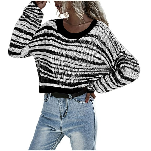 Striped Sweater Sevevn Women's Off The Shoulder Striped Sweaters Long Sleeve Cropped Knit Pullover Tops
