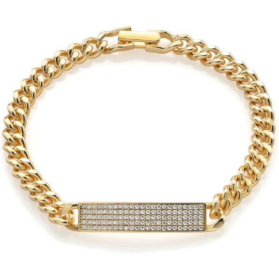 Gem Stone King 18K Yellow Gold Plated Silver Cuban Link Chain ID White Moissanite Bracelet for Women (0.57 Cttw, 6.5/7/7.5 inch)