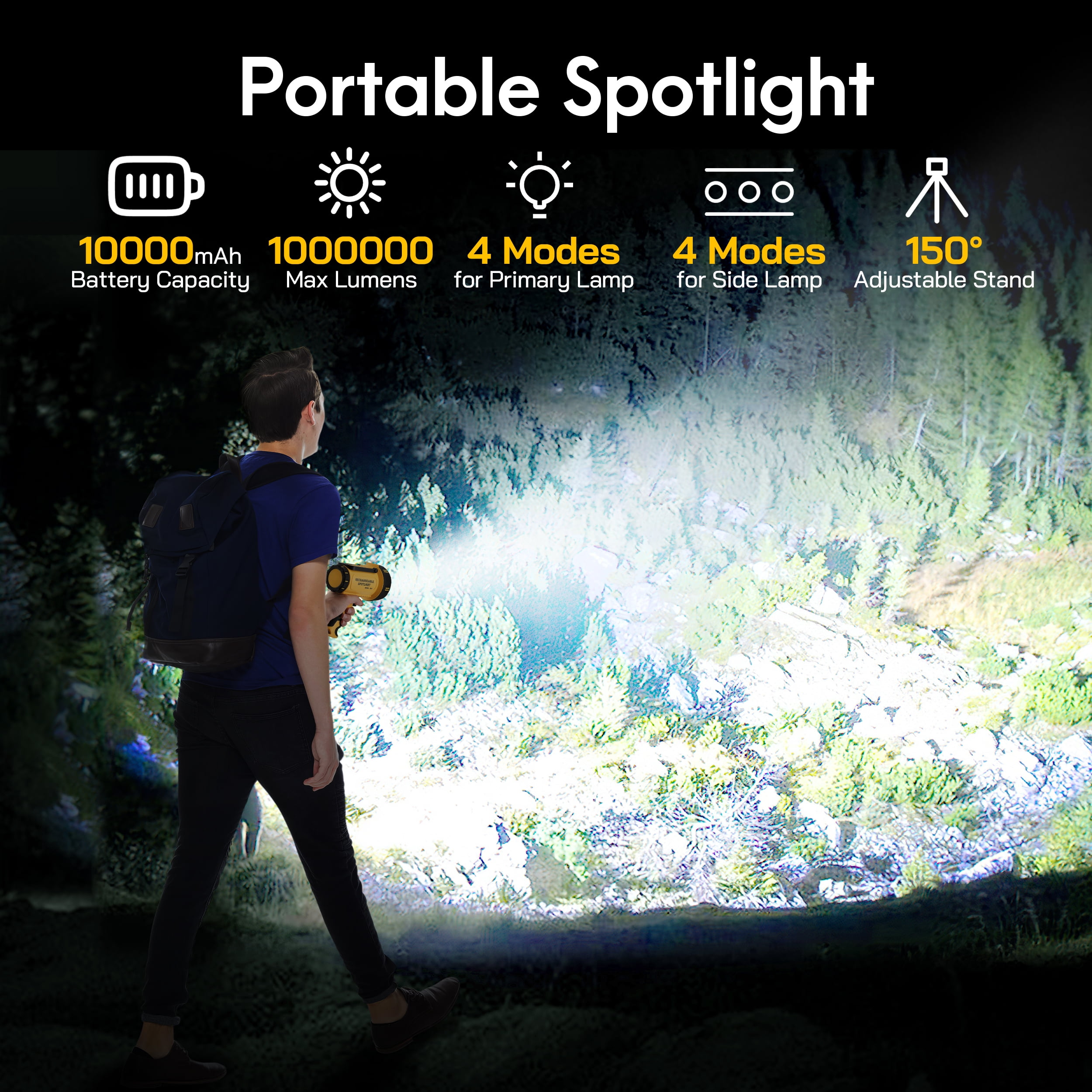 YTAKY Flashlight 1000000 Lumen, Spotlight Rechargeable, 10000mAh Battery, IP67 Waterproof for Outdoor Camping, with Foldable Stand