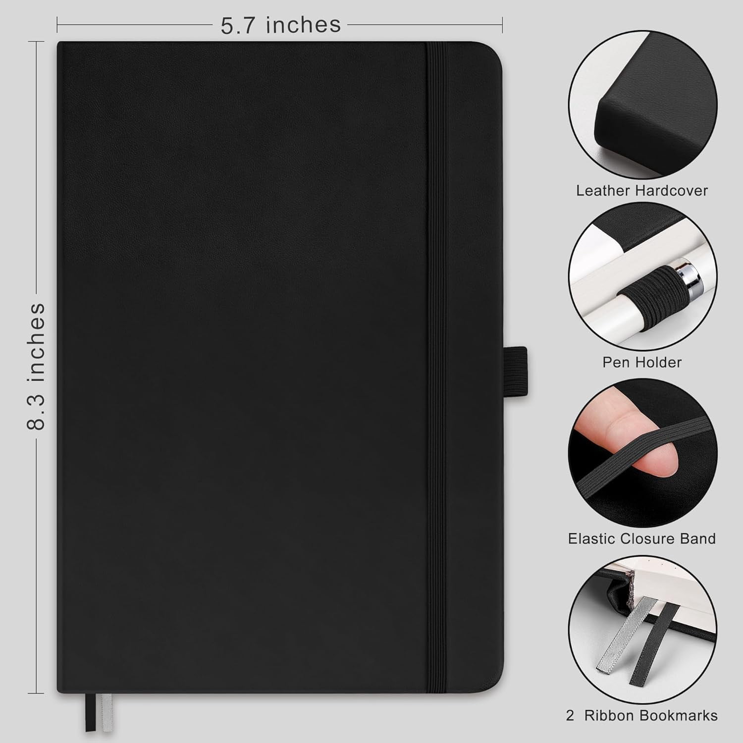 Graph Grid Paper Notebook, 2-Pack, 192 Pages per Pack, A5 Medium Size (5.7'' x 8.3''), Leather Hardcover, 100 GSM Thick Paper, for School, Students, Math, Engineering (Black & Black)