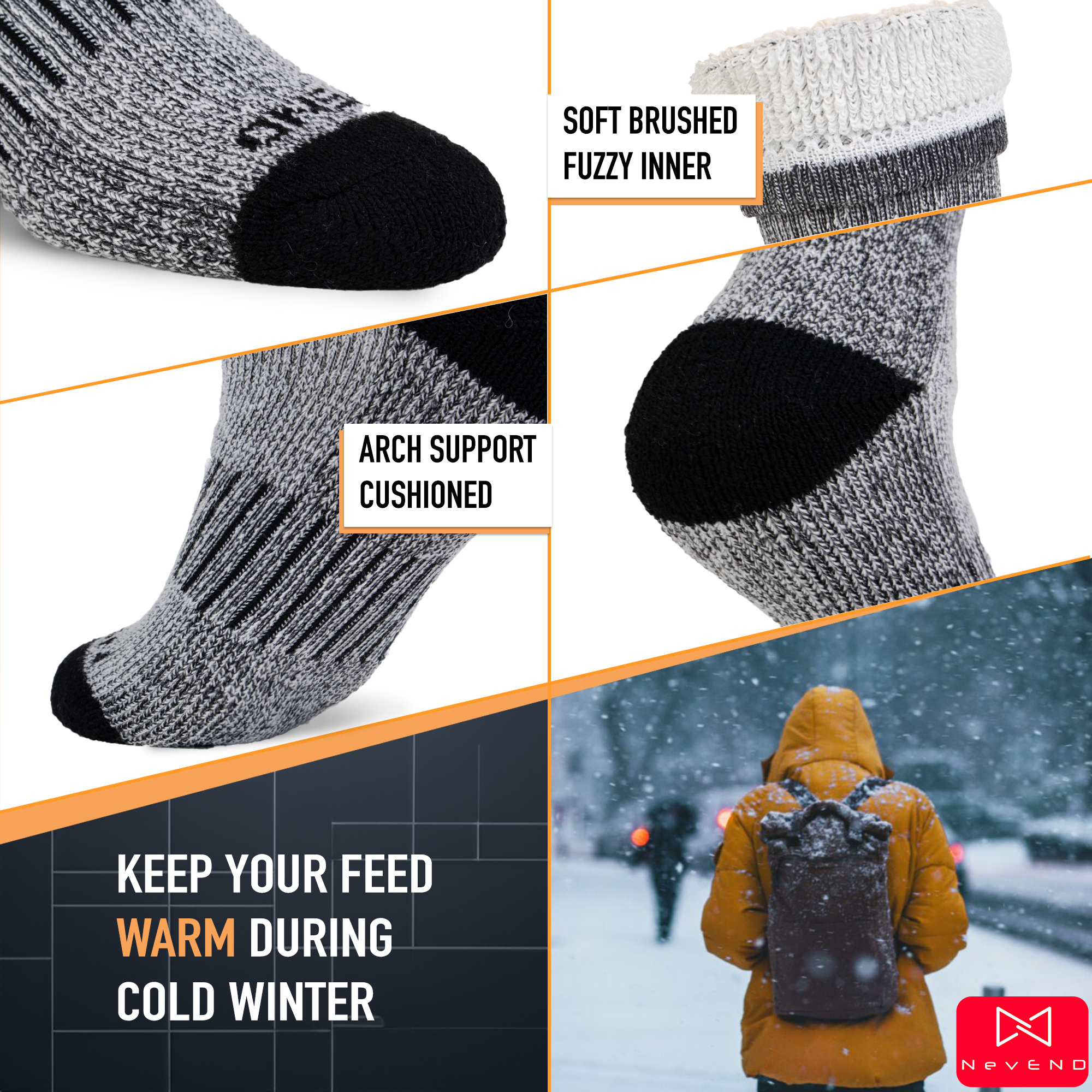 NevEND Men's Merino Wool Thermal Crew Socks, 3-Pair photo 5