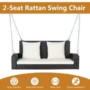 Topbuy Outdoor Wicker Porch Swing Bench 2-Person Patio Rattan Swing Chair W/ Soft Cushions White