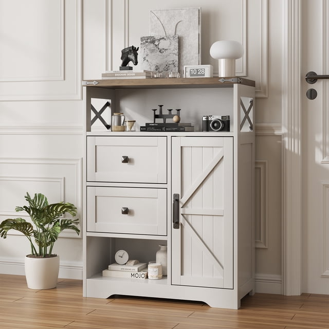 Vabches Armoire de Rangement avec 2 Tiroirs, Buffet Rustique avec Étagères Ouvertes pour Salon, Blanc