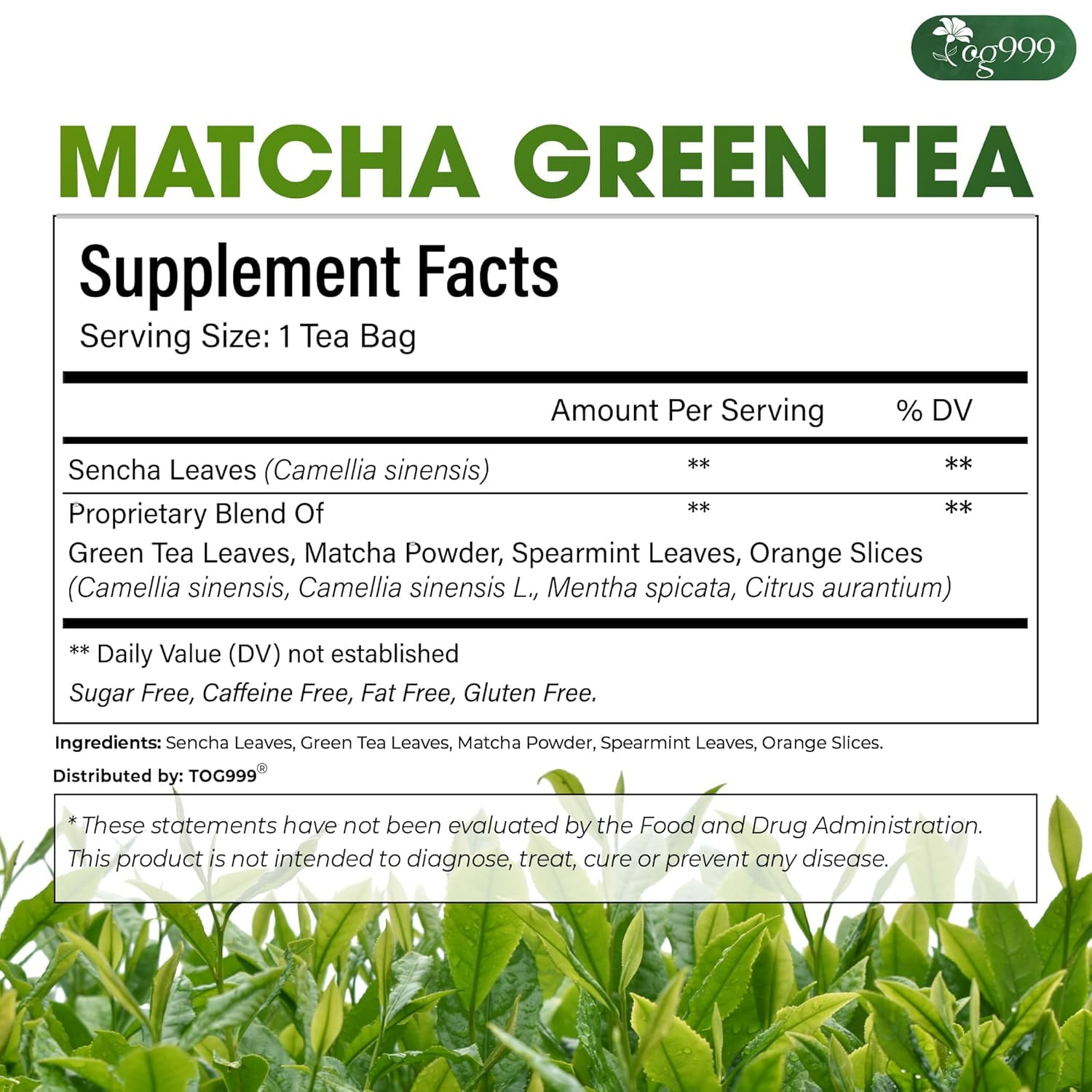 TOG999, Premium Matcha Green Tea Bags | 120 Count | Blend of Sencha, Green Tea, Spearmint & Orange Slices – Refreshing Flavor, Naturally Vibrant, No Gluten. Vegan.