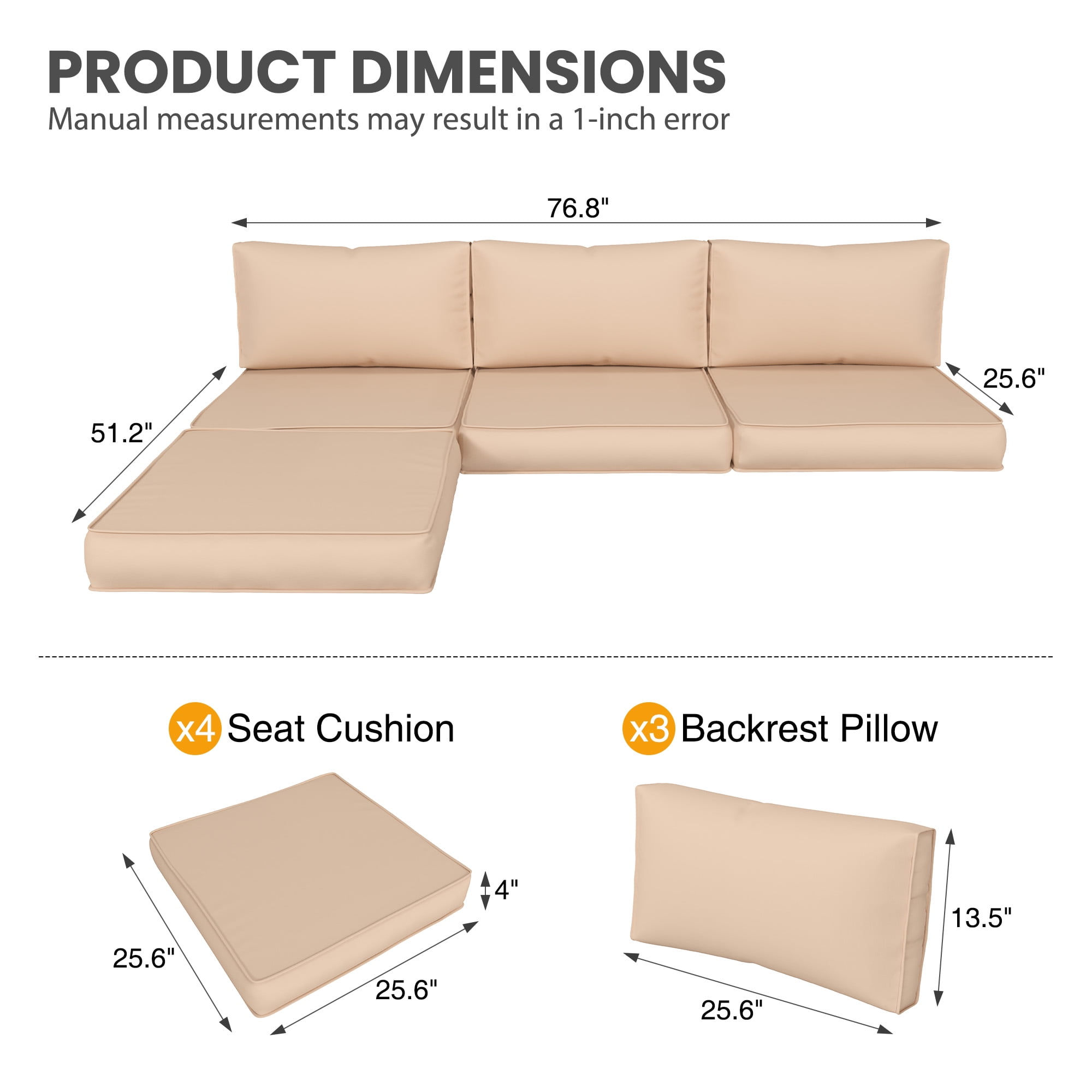 MRUAKA Outdoor Cushions for Patio Furniture, 7-Piece Replacement Cushions for Outdoor Furniture, Water-Resistant Patio Cushions, Outdoor Couch Cushions for 4-Seat Outdoor Sectional Sofa (Beige)