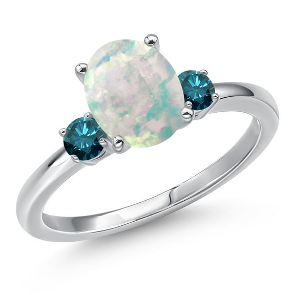 Gem Stone King 14K White Gold Simulated White Opal and Blue Diamond Engagement Ring for Women | 1.20 Cttw | Oval Cabochon 9X7MM | Gemstone October Birthstone | Size 6