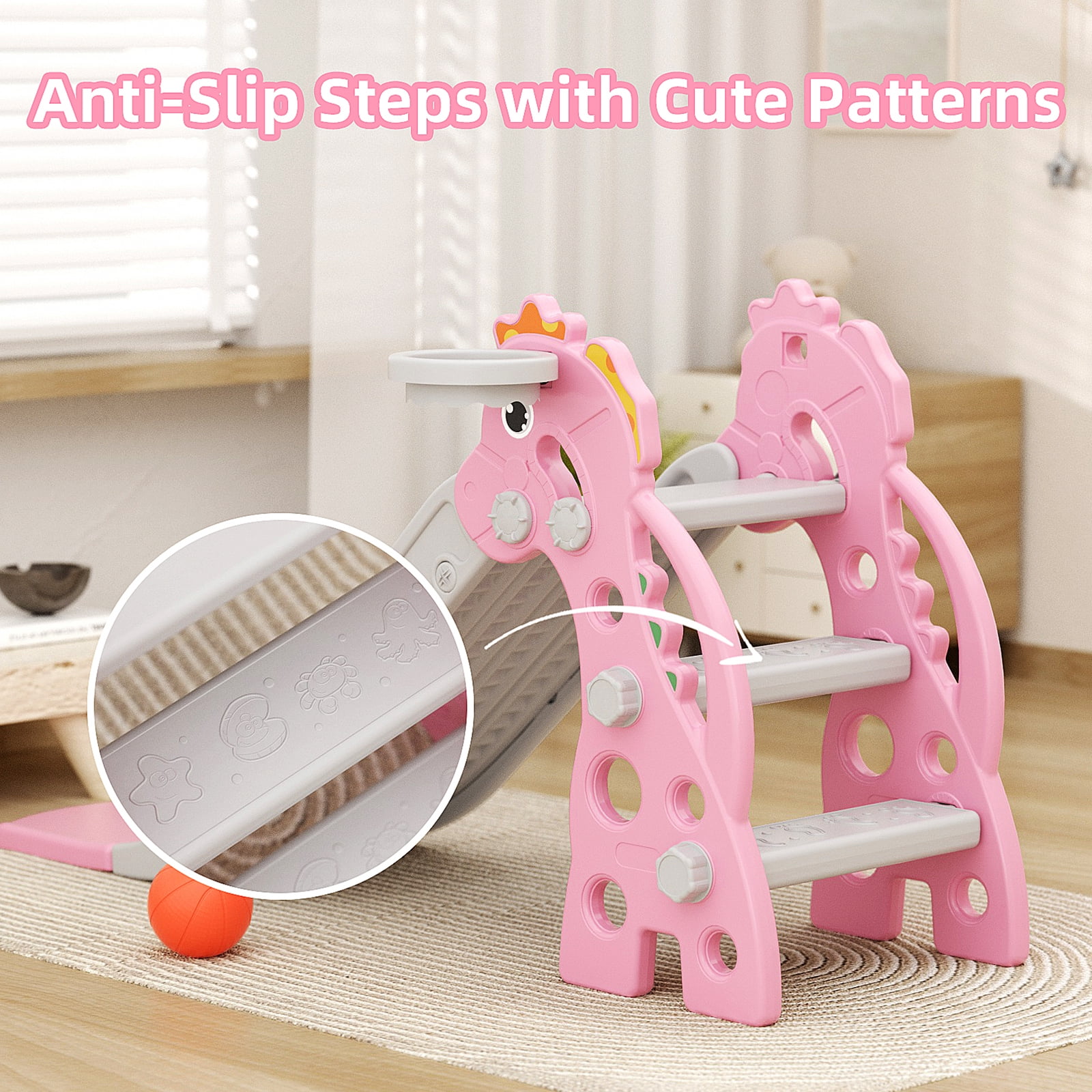 KORIMEFA Toddler Slide Indoor Slide for Toddlers Age 1-3 Kids Indoor Outdoor Slide Baby Plastic Play Slide with Basketball Hoop and Ball Foldable Slide, Pink