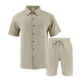 thumbnail image 6 of Men's Linen Vacation 2-Piece Beach Set, Solid Color Lightweight Button-Down Pocket Shirt and Elastic Waist Shorts, Summer Outfit For Holiday,Khaki,2XL, 6 of 7