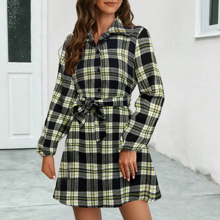 Casual Plaid Buttons Turndown Collar Long Sleeve Dresses Casual Plaid Buttons Turndown Collar Long Sleeve Dresses
