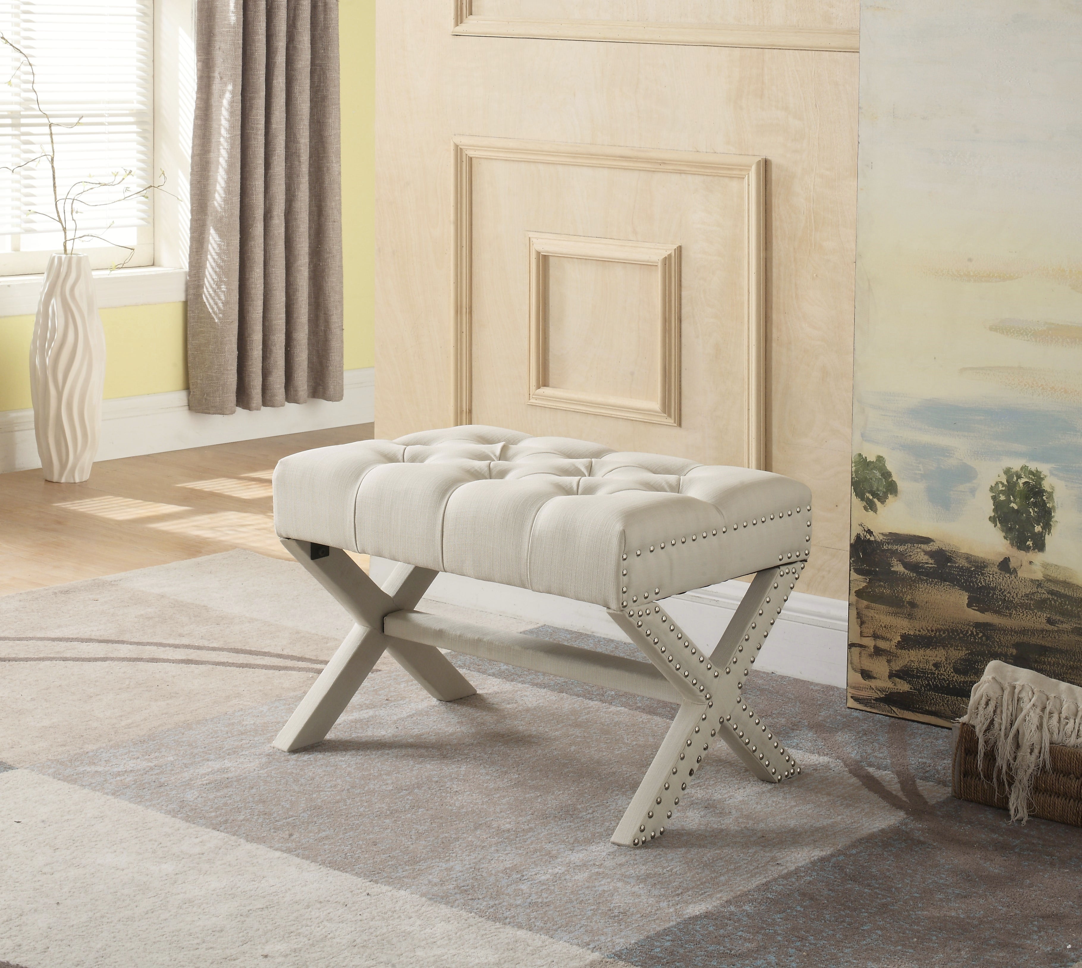 Chic Home Gaia Neo Traditional Tufted Linen XLeg Ottoman