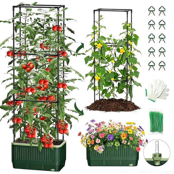 51" Self Watering Planter Box with Trellis, Tomato Cage with Water Level Indicator, Indoor Outdoor Raised Garden Bed
