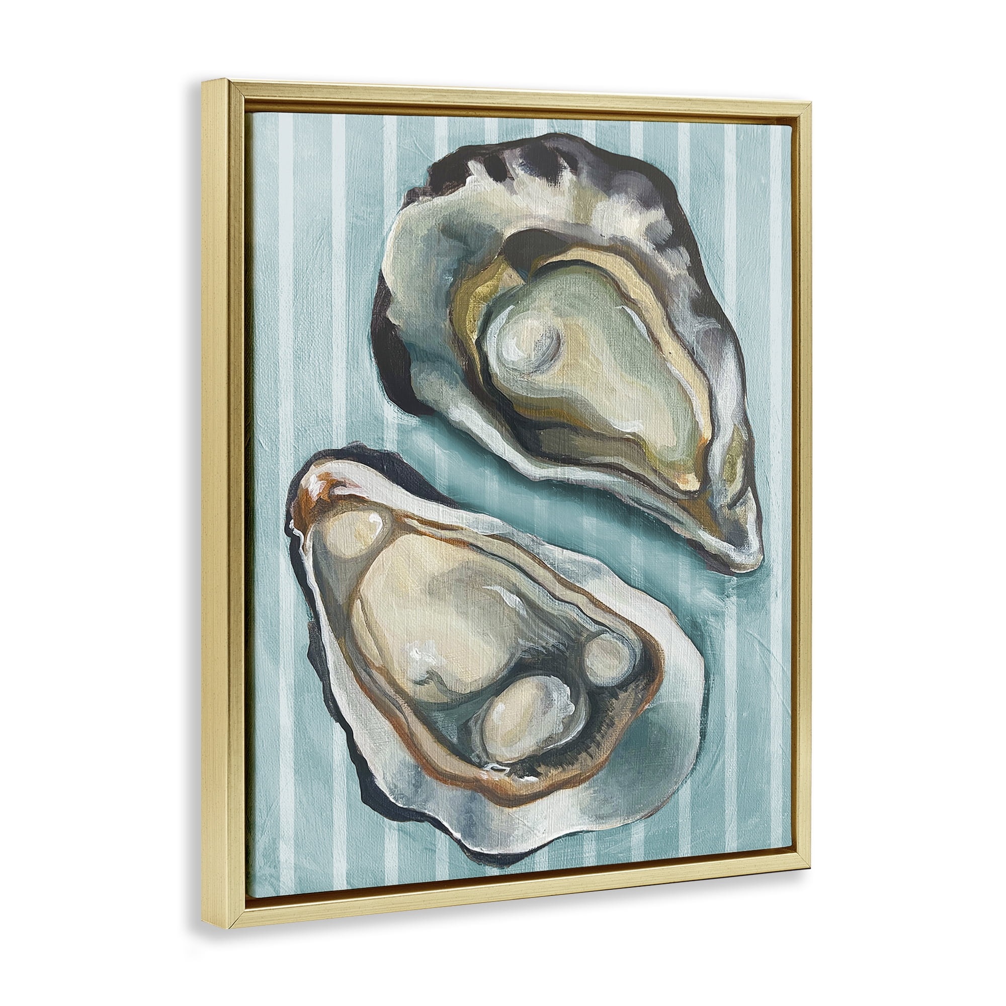 Stupell Industries Oysters on Blue Stripes Animals Painting Gold Floater Framed Canvas Art Print Wall Art, 25 x 31