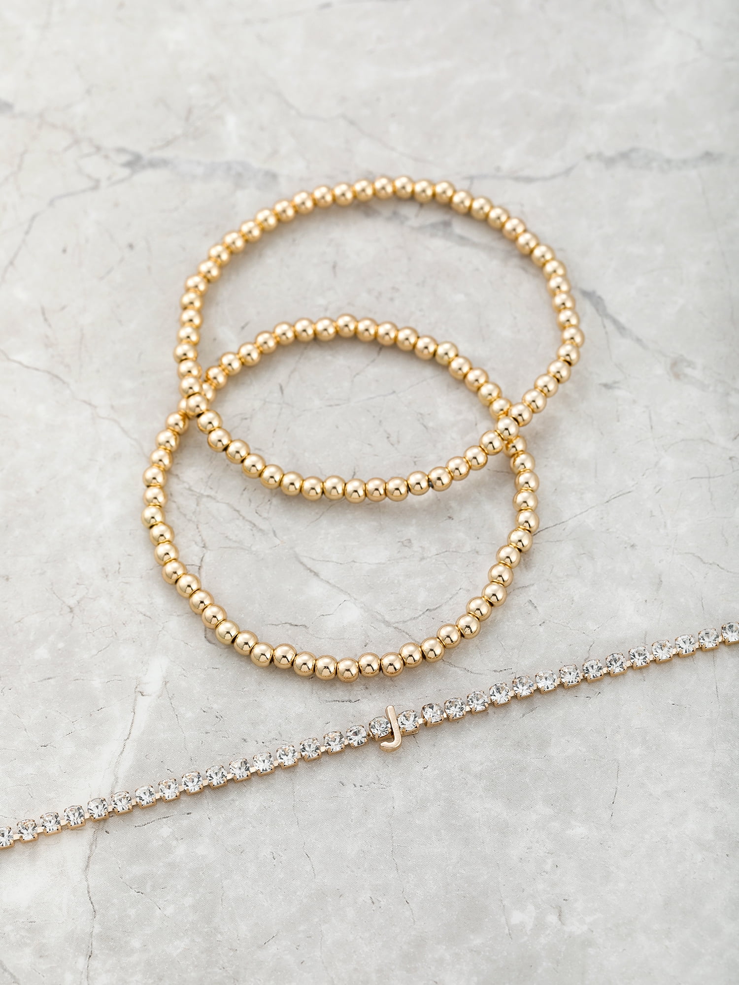 Time and Tru Goldtone and Crystal Beaded Stretch Bracelets, 3 Pieces, Initial Letter J