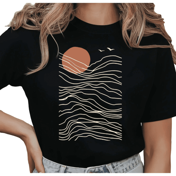 UNISHE Women's Abstract Sunset Ocean Waves and Birds Graphic Short Sleeve T-Shirt Casual Cotton Crewneck Top