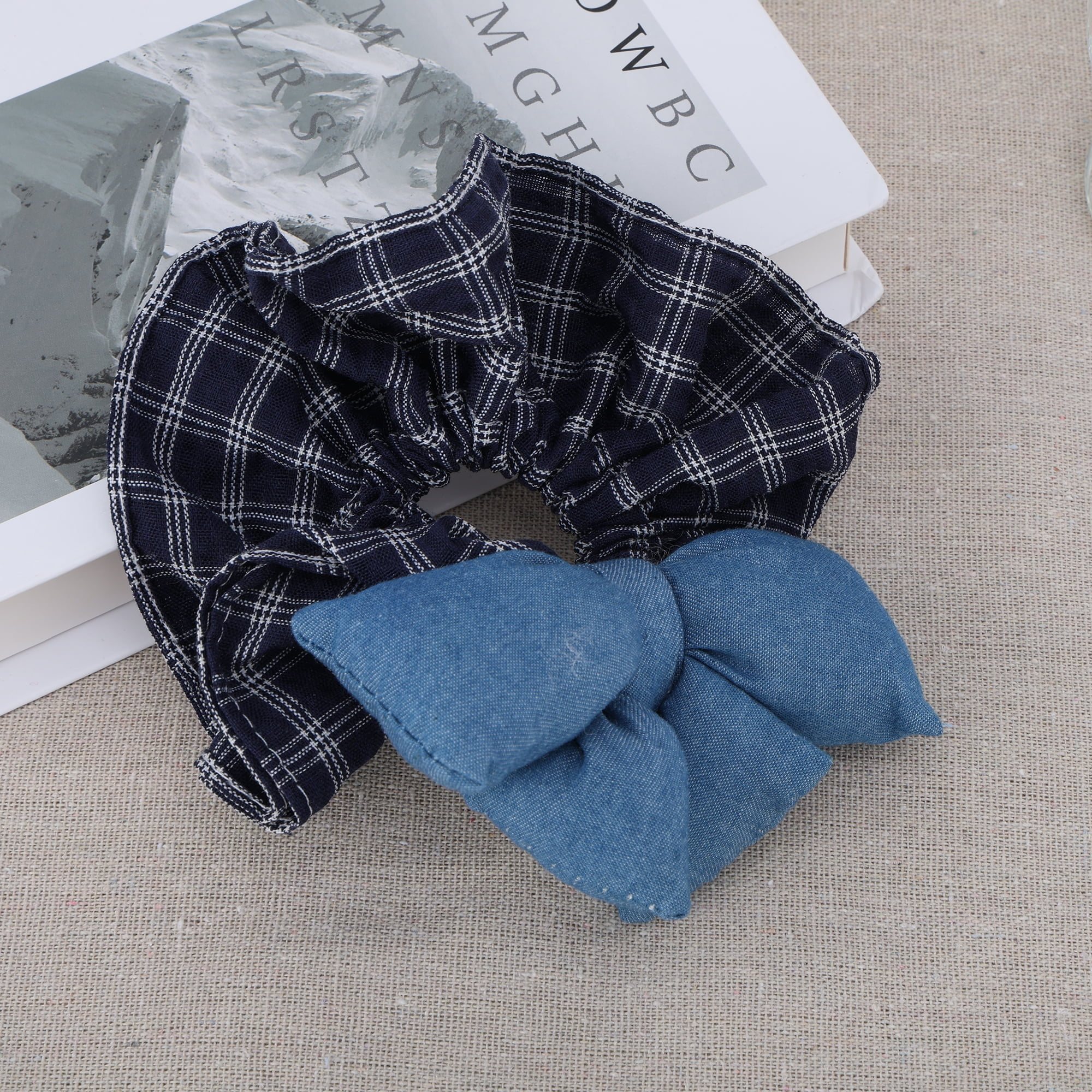 Unique Bargains Bow Denim Hair Ties Fashionable Daily Use Blue Dark Plaid