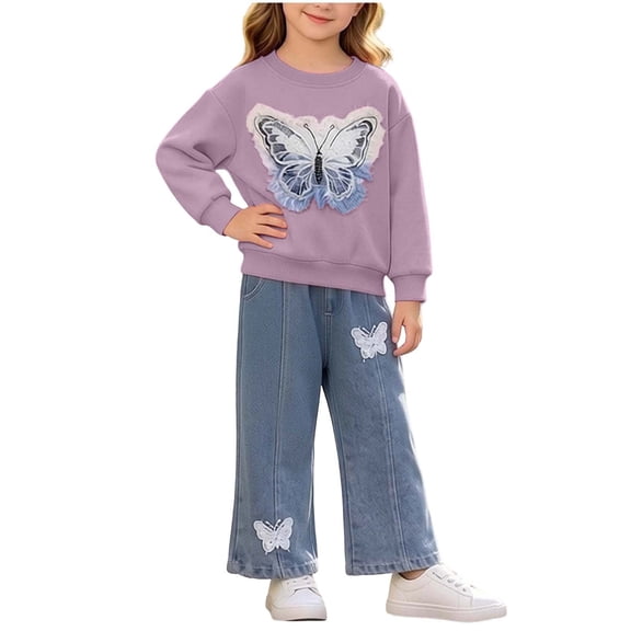 Cethrio Girls Cotton Outfit Sets, Printed Long Sleeve 2 Piece Casual Girls' Clothing Sets Purple Size 5T