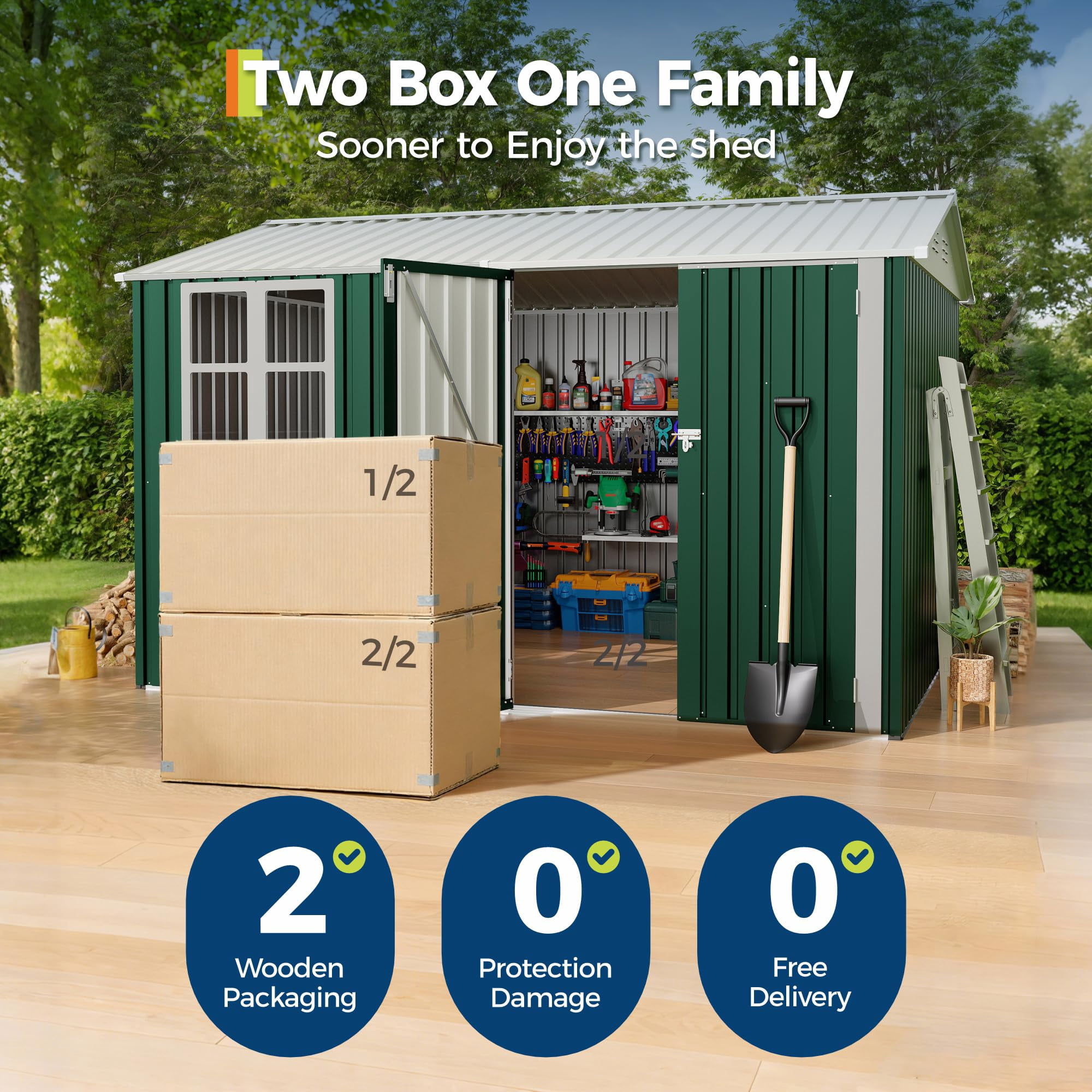 8x10 FT Outdoor Storage Shed,450CU.T Metal Tool Shed with Clear Window, Lockable Doors,Large Garden Storage Box with Sloping Roof，Sheds&Outdoor Storage for Backyard Garden Patio Lawn, Green