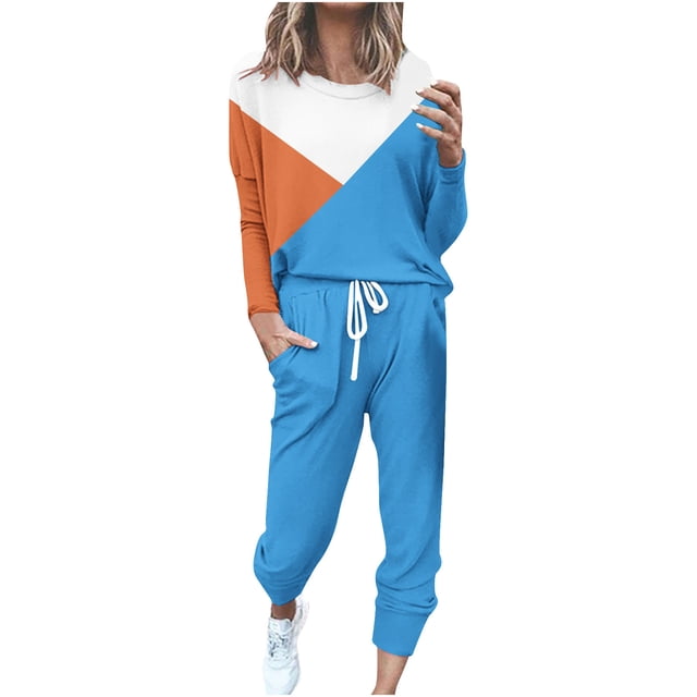 Pitauce Womens Two Piece Tracksuit Color Block Sweatshirt Jogger Sweatsuits Sets Long Sleeve Lounge Sets