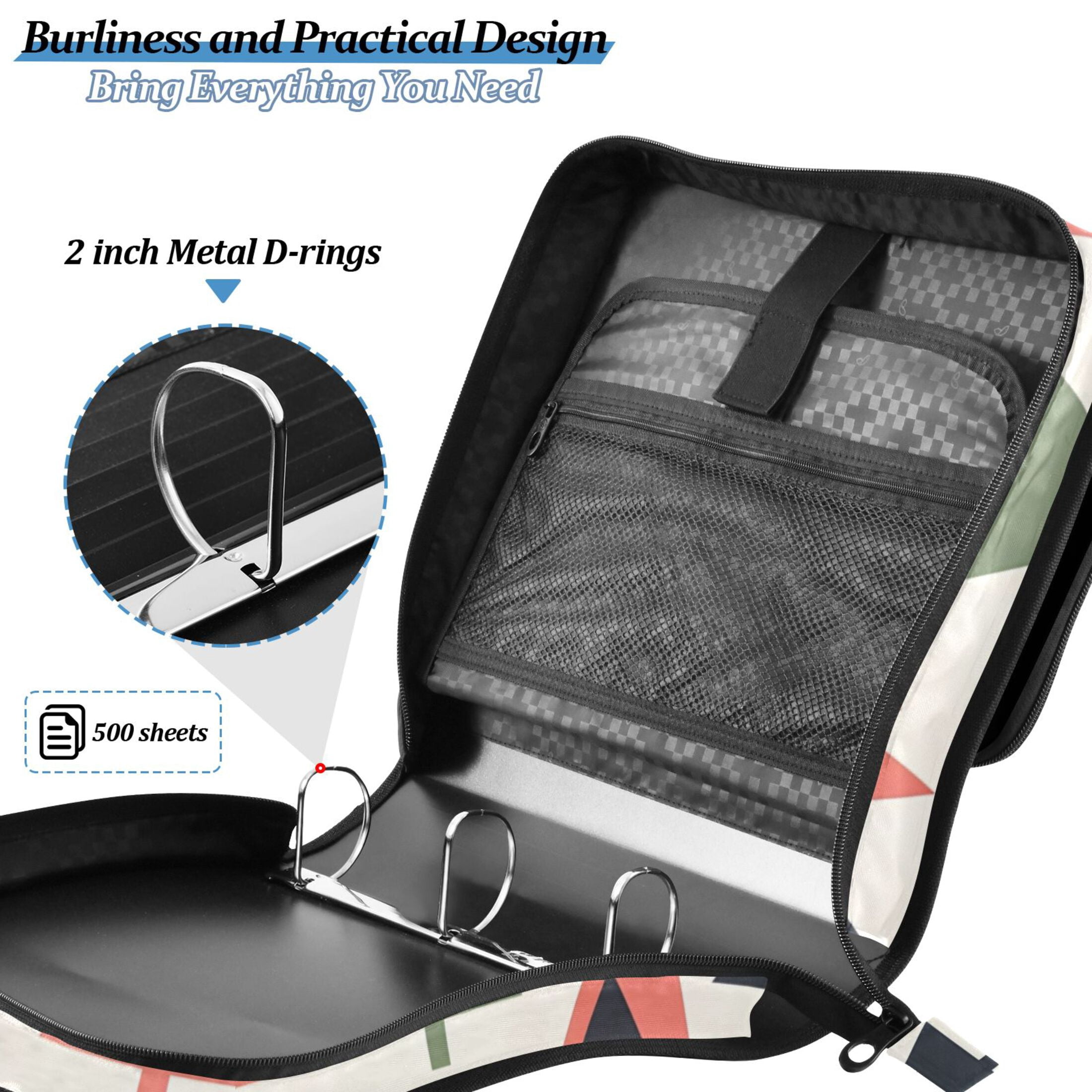 3 Ring Zipper Binder with Shoulder Strap Waterproof Trapper Keeper 2 Inch D-Ring 500 Sheets Capacity Colorful Triangular Tree