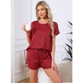thumbnail image 2 of DARING DIVA Satin Pajama Short Sleeve Crew Neck Top Set M Dark Red, 2 of 6