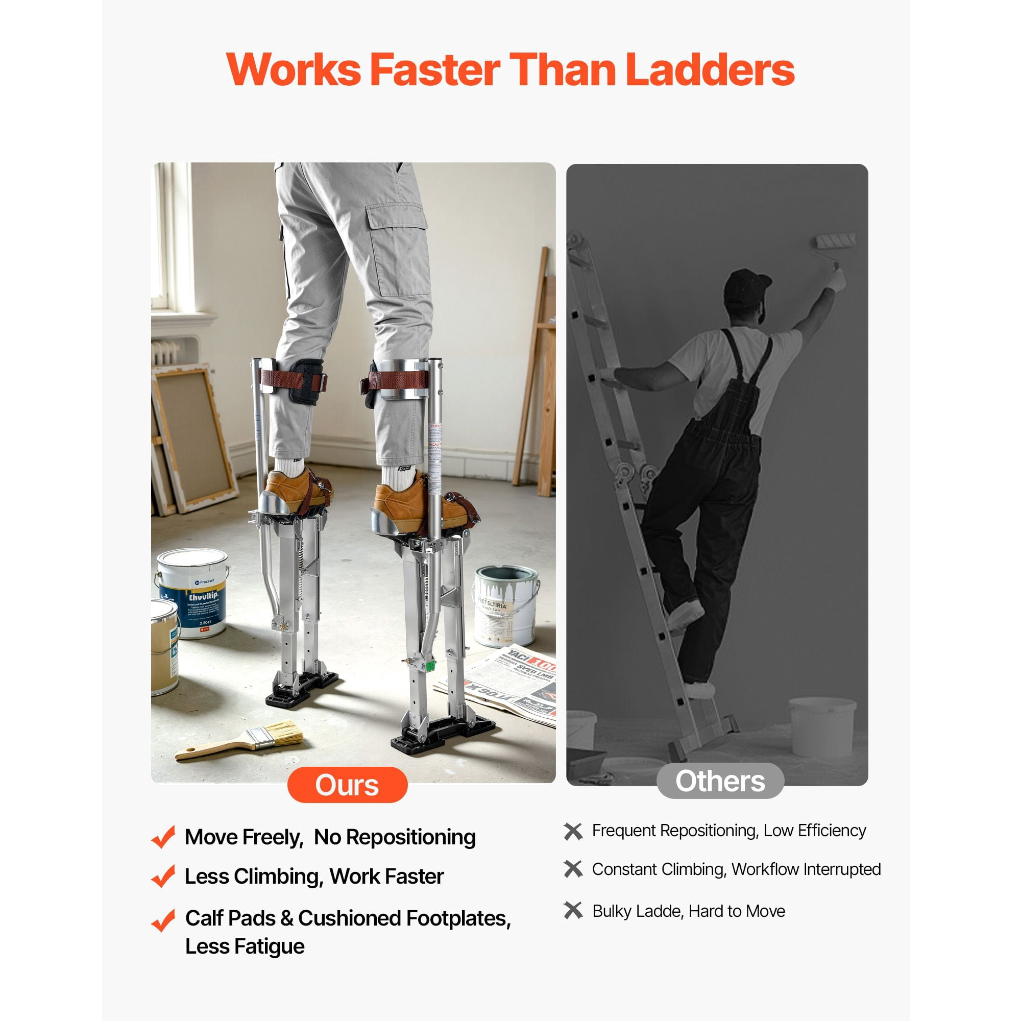 Drywall Stilts, 16.1–24.1 in Adjustable Aluminum Painter Stilts, 228 lbs Load Capacity, Non-Slip Rubber Feet, Dual Spring Shock Absorption, Comfortable Leg Straps for Painting, Decoration, Silver