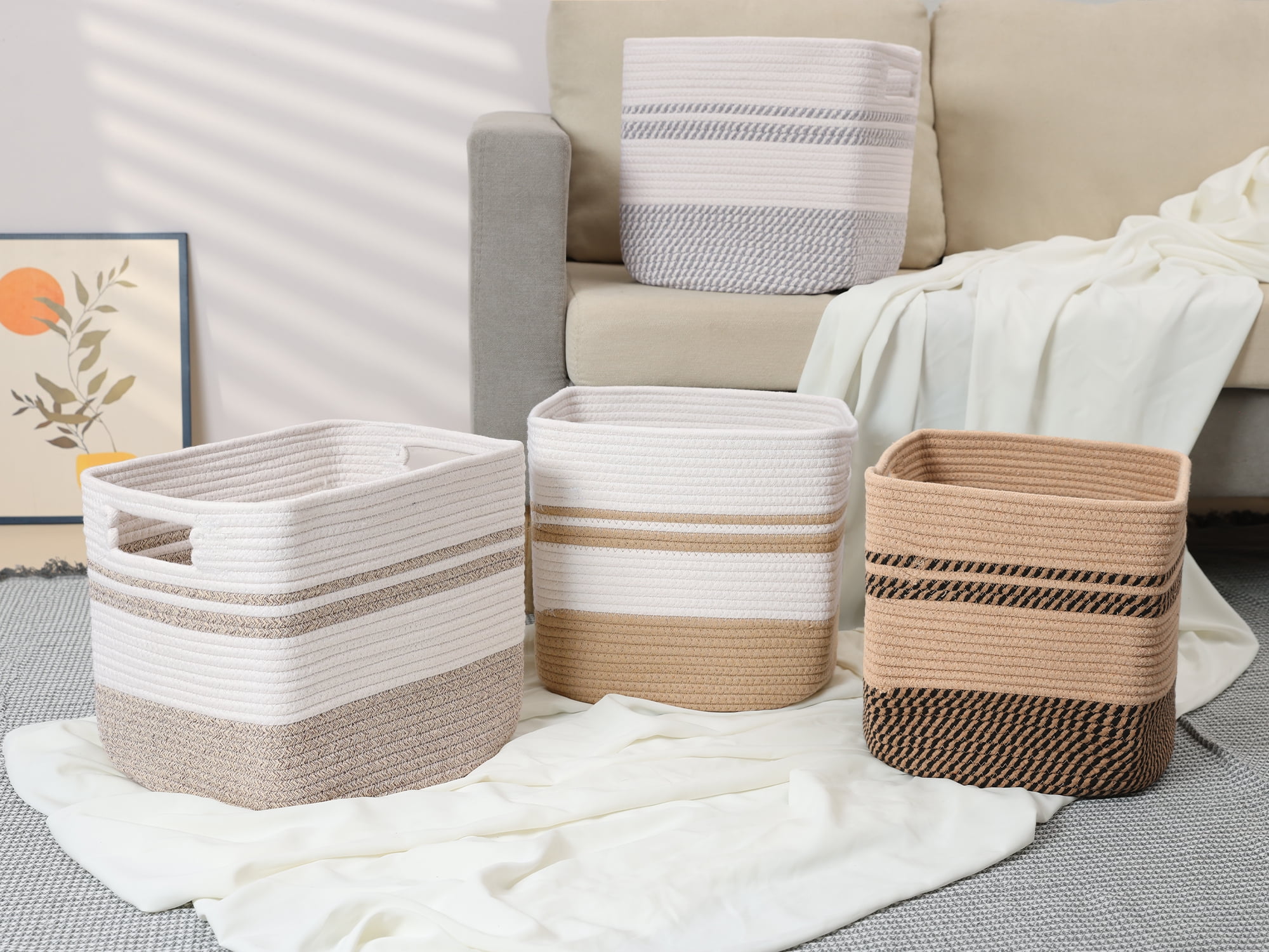 Unique Bargains Woven Storage Basket for Blankets Organizer Flaxen 11*11*11in