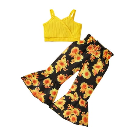 

Girls Sleeveless Vest Tops And Sunflower Prints Flare Pants Outfits First Birth Outfit Girl