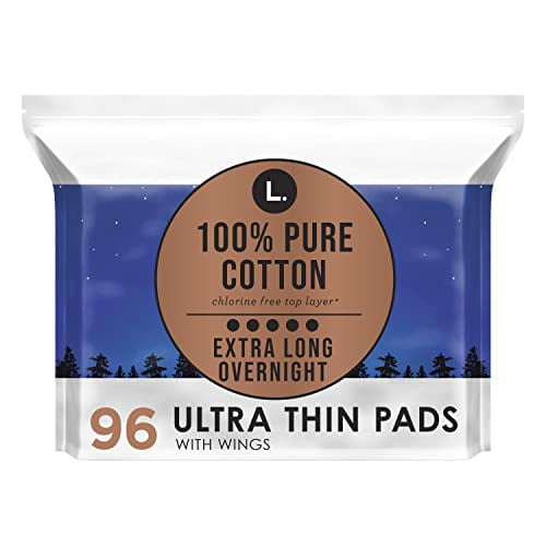 L. Pure Cotton Overnight Ultra Thin Pads with Wings, Unscented Menstrual Pads - 48 Count x 2 Packs (96 Count Total) (Packaging May Vary)
