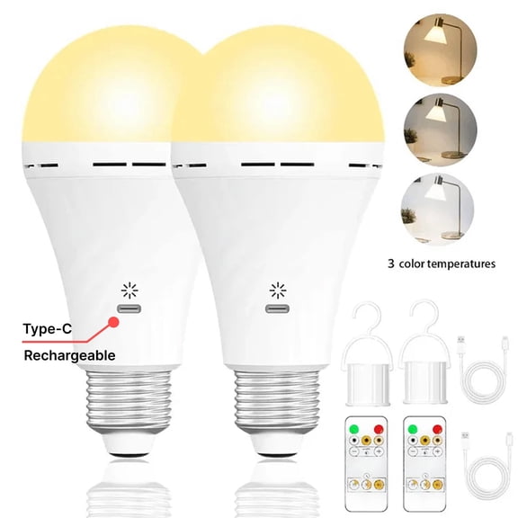 2PC USB-C Rechargeable Emergency Bulb with E27 Socket, Tri-Color Temperature (3000K-6000K), Remote Control, for living room, bedroom