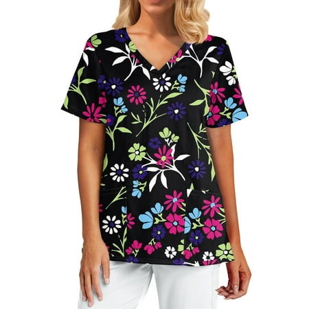 Nurse Scrubs for Women,Fashion Scrubs Tops Short Sleeve with 2 Pockets - Lightweight Medical Uniform Blouse for Healthcare - Black - L
