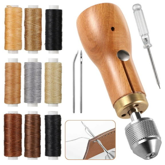 Leather Sewing Awl Thread Kit, 13 PCS Portable Sewing Awl Kit, Wood Handle Stitching Awl, Manual Sewing Awl with Needles & Waxed Thread, Hand Stitcher Repair Tool for Leather, Heavy Fabrics, Canvas