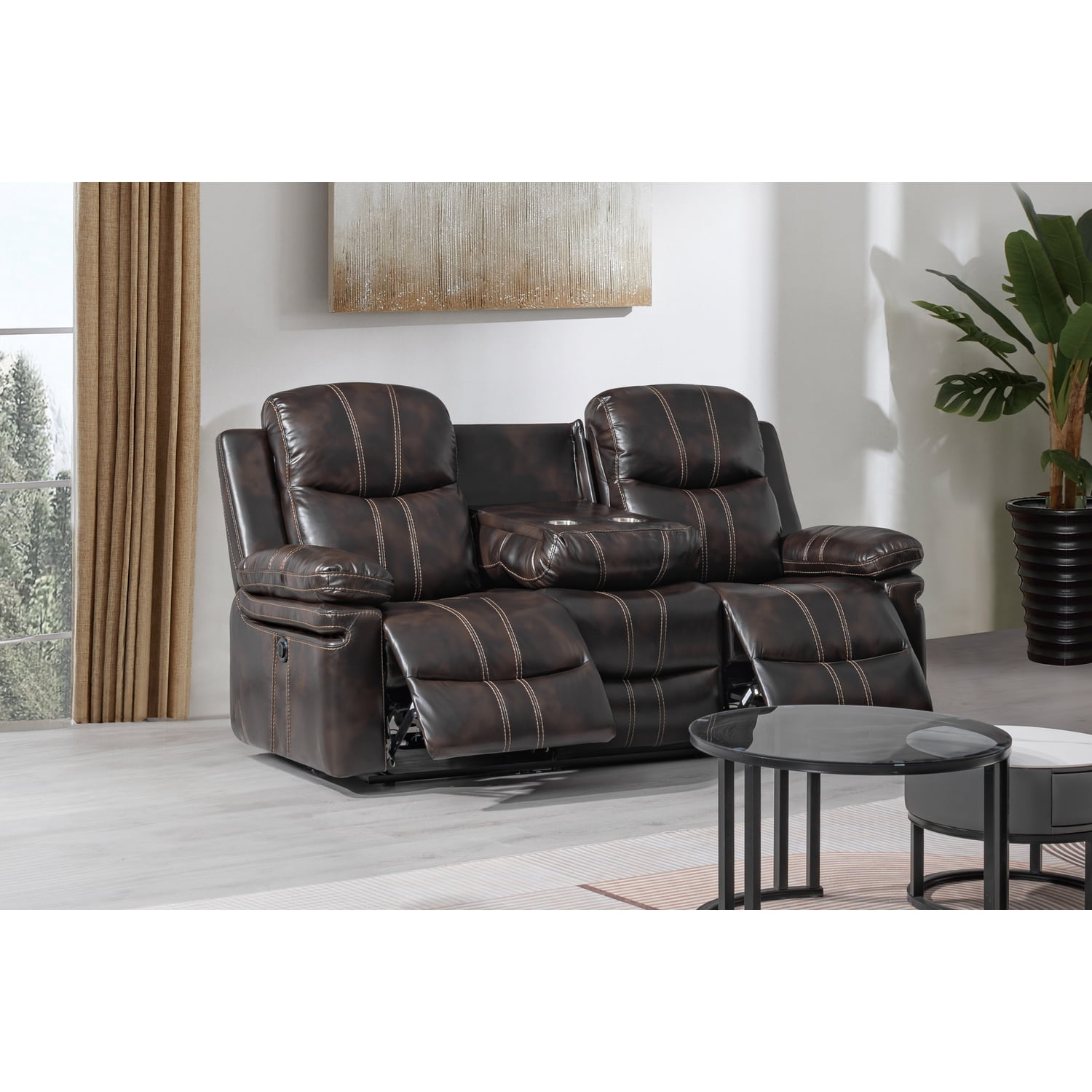 New Classic Furniture Kellen Faux Leather Power Sofa with Dropdown Tray in Brown
