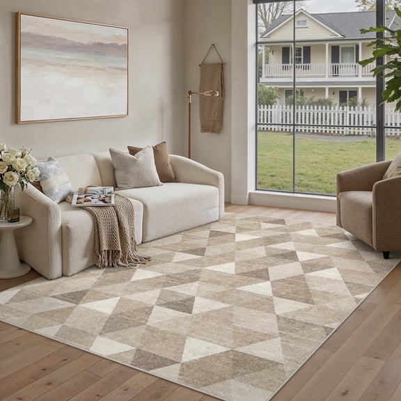 BERTHMEER 8'x10' Area Rugs for Living Room Large Brown Modern Geometric Polygon Rugs for Bedroom Office Machine Washable Farmhouse Dining Room Rugs Non Slip Contemporary Carpets