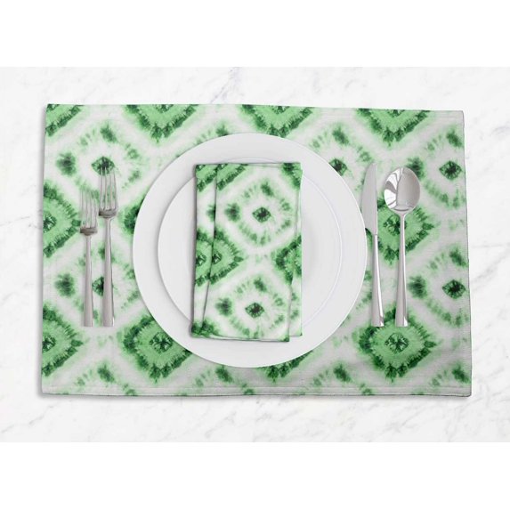 S4Sassy Green Diamond Tie-Dye Washable Placemats & Napkins Table Decor Dining Mats