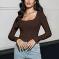 thumbnail image 2 of Women's Long Sleeve Square Neck Crop Top Knitted Slim Fitted Shirts Y2k Trendy Basic Blouse Solid Color Casual Fall Clothes (Coffee M), 2 of 6