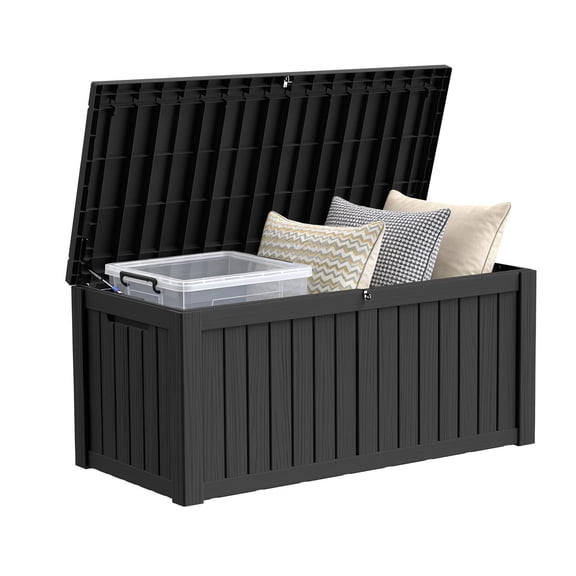 Decksplore 150 Gallon Resin Deck Box, Heavy-Duty All-Weather Storage Bench, Soft-Close Lockable Bin for Patio Cushions, Pool Toys, Firewood (Black)