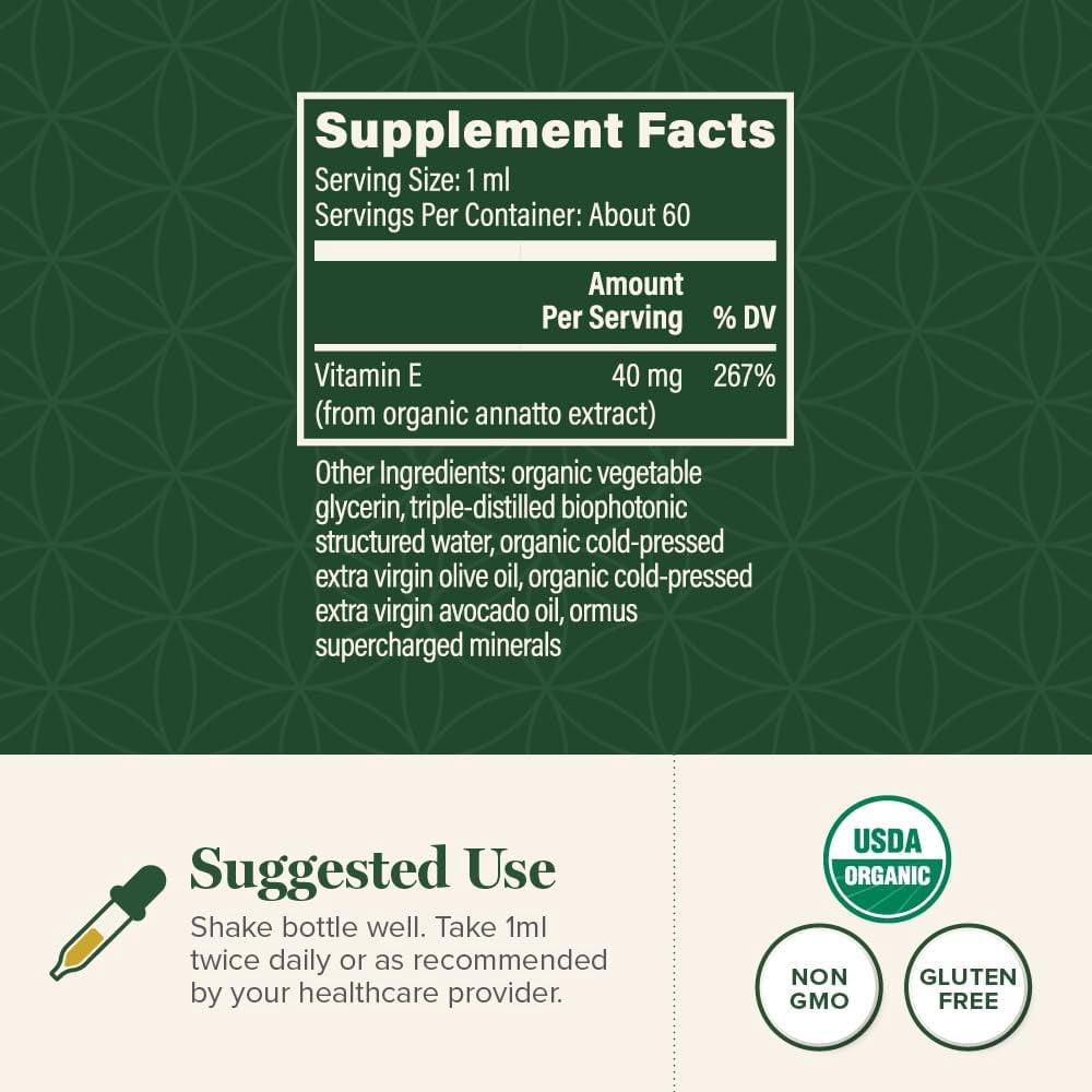 Global Healing Organic Vitamin E Liquid Drops - 40 mg Natural D-Alpha Tocopherol - Vegan Liposomal Vitamin E Oil for Skin Health & Daily Wellness - Non-GMO, Gluten-Free, 2 fl oz