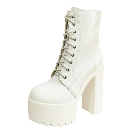 

Eloshman Ladies Ankle Booties Side Zip Boot High Heel Winter Boots Work Anti Slip Platform Fashion White 8.5